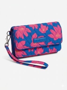 Vera Bradley Blue Quilted Wristlet with Pink Floral Print